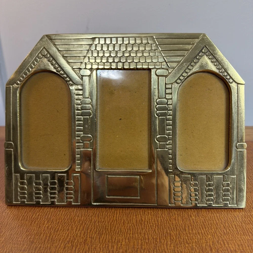 Vtg Brass Triple Photo Frame House Theme 8.5